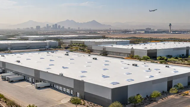 Large flat-roofed warehouses and logistics buildings near Sky Harbor airport in Phoenix, white roofs with skylights, a distant airliner in the sky, desert haze