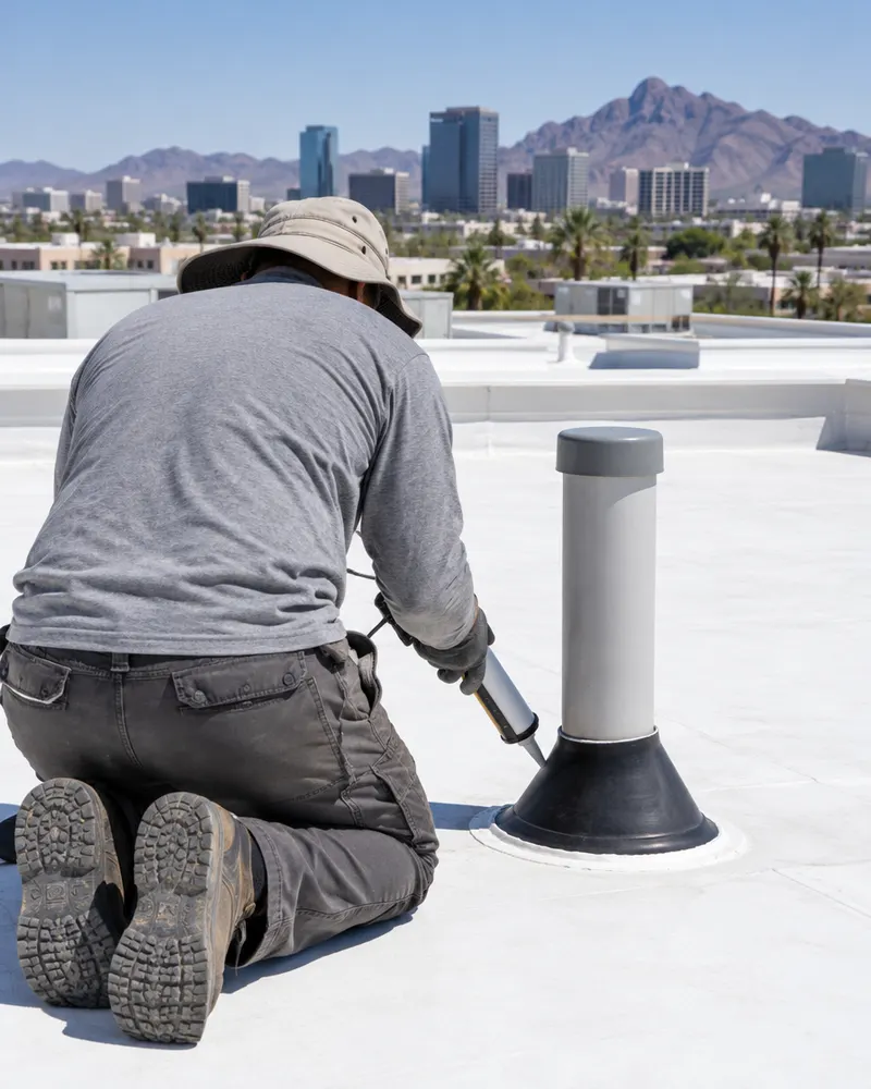 Roofer seen from behind applying sealant around a pipe penetration boot on a white flat commercial roof