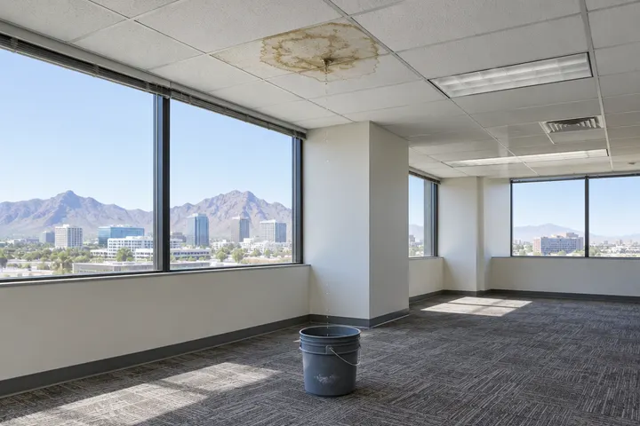 Water stain on a commercial office suspended ceiling tile below a roof leak, a bucket on the carpet, empty office