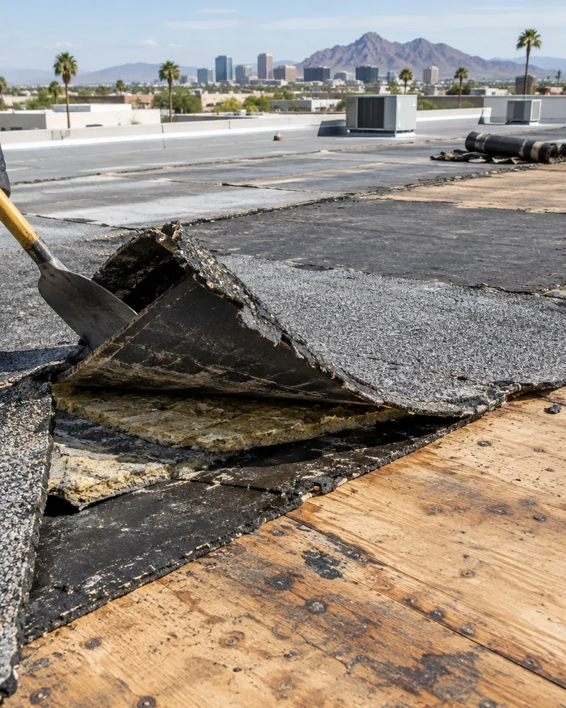 Old roofing layers being cut and peeled back on a commercial flat roof, showing the layers down to the deck