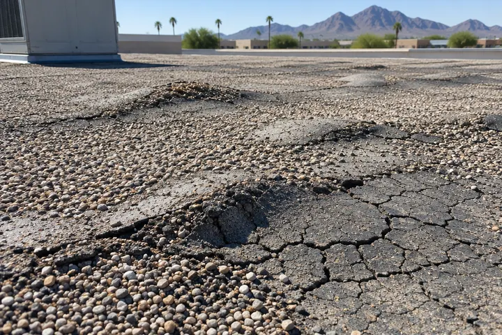 Blistered and alligatored built-up flat roof surface with gravel, close-up showing cracks