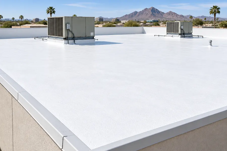 The same flat commercial roof from the same angle after recoating: smooth bright white elastomeric coating over the foam, clean parapets, the same two HVAC units, no stains