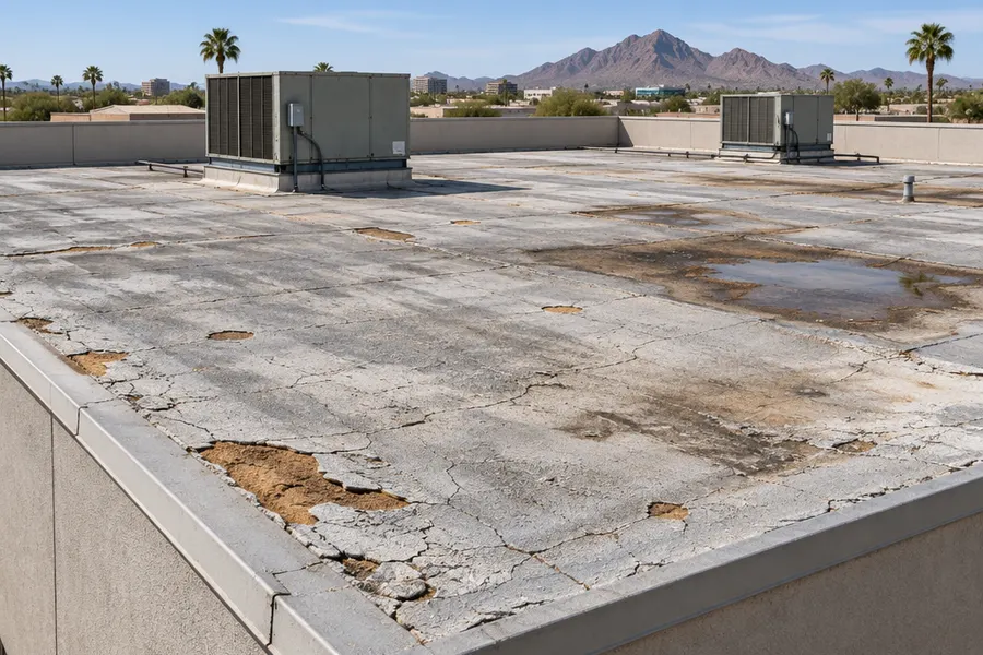 Weathered old flat commercial roof in Phoenix seen from a low corner angle: faded gray cracked coating, exposed brown foam spots, dried ponding stains, parapet walls and two HVAC units