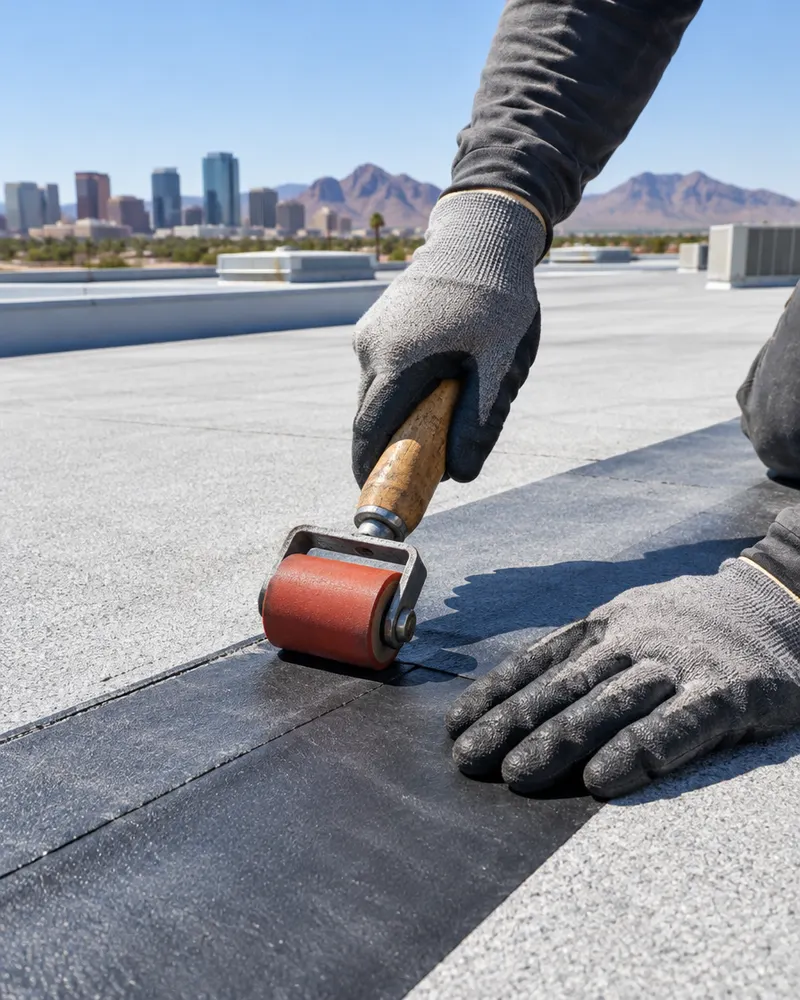 Close-up of gloved hands pressing a roofing membrane patch along a seam with a hand roller on a flat commercial roof, bright sun