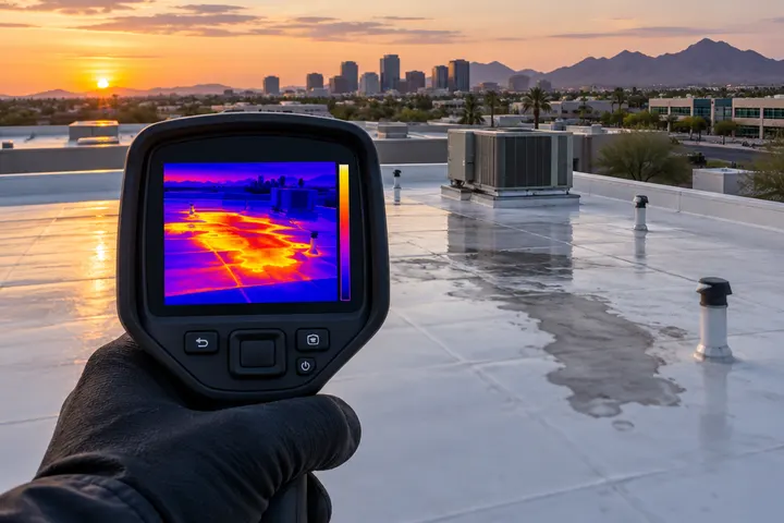 Infrared thermal camera screen showing a flat roof scan at dusk with a warm wet insulation area highlighted, no readable text