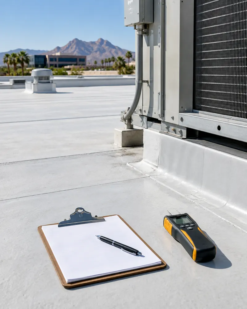 Clipboard and moisture meter on a flat commercial roof membrane next to an HVAC unit