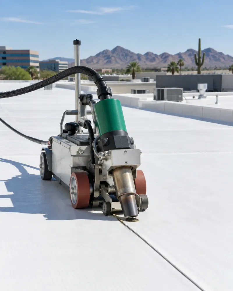 Hot-air robotic welder moving along a seam of white TPO membrane on a flat roof