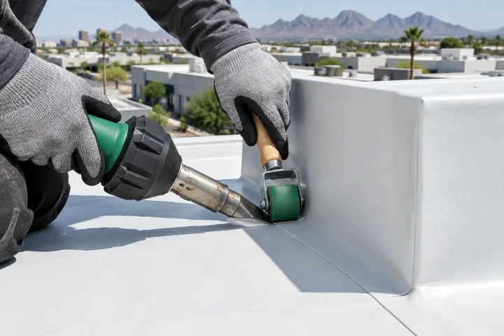 Handheld hot-air welder and silicone roller sealing a TPO membrane seam at a corner, gloved hands